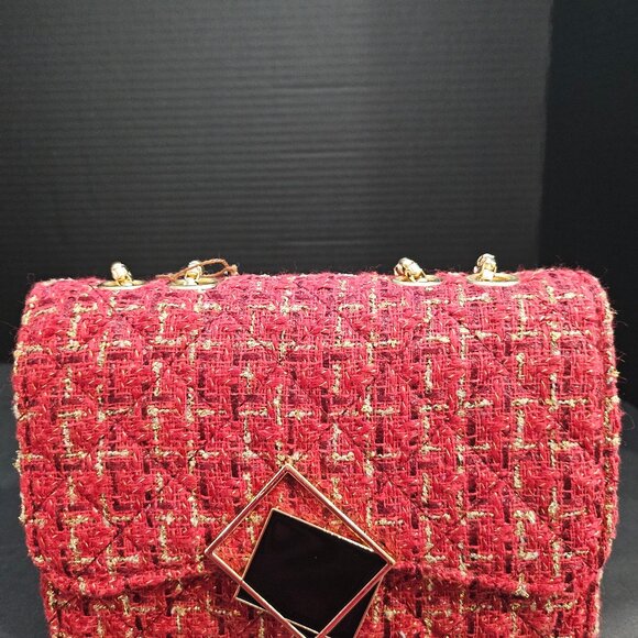 Small Red Burgundy Gold Black Square Tweed Fabric Messenger Crossbody Bag - Picture 6 of 10